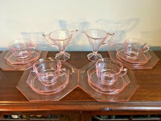14 Pc.  Luncheon Or Dessert Set Elegant Pink Depression Glass Cups Saucers Plates