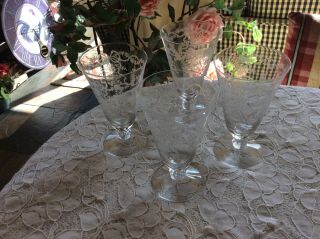 Set Of 4 Fostoria Etched Stem Glass Romance Ice Tea /water Goblets 6”