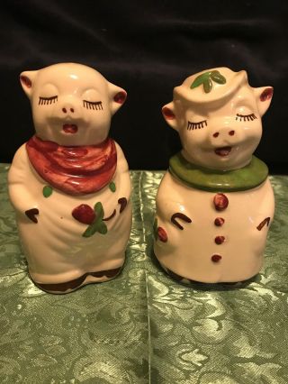 Vintage Shawnee Smiley Pig Salt & Pepper Shakers Red And Green Accents