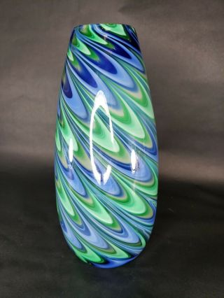 Vintage Hand Blown Art Glass Vase,  12 " Peacock Colors