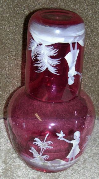 Mary Gregory Cranberry Glass Tumble Up Bed Side Water Set Carafe Vintage