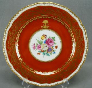 Dresden Hand Painted Floral Red & Gold Scrollwork & Armorial 10 3/4 Inch Plate F