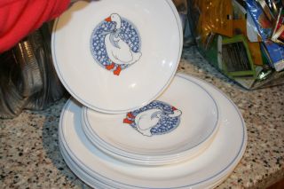 Arcopal 6 Dinner/6 Lunch Plates Duck Goose Blue Bow Medallion Ring Milk Glass
