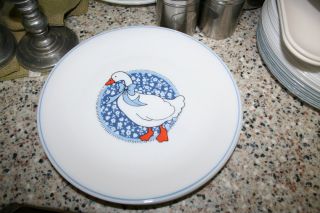 Arcopal 6 DINNER/6 LUNCH Plates Duck Goose Blue Bow Medallion Ring Milk Glass 2
