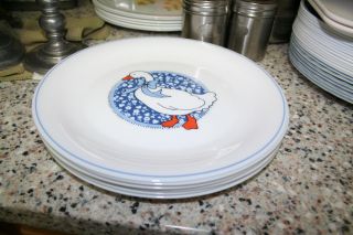 Arcopal 6 DINNER/6 LUNCH Plates Duck Goose Blue Bow Medallion Ring Milk Glass 3
