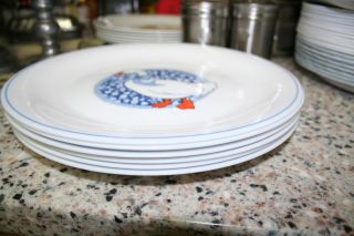 Arcopal 6 DINNER/6 LUNCH Plates Duck Goose Blue Bow Medallion Ring Milk Glass 4