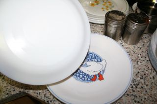 Arcopal 6 DINNER/6 LUNCH Plates Duck Goose Blue Bow Medallion Ring Milk Glass 6