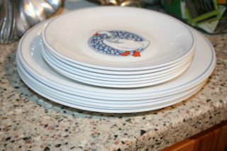 Arcopal 6 DINNER/6 LUNCH Plates Duck Goose Blue Bow Medallion Ring Milk Glass 7