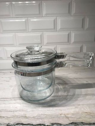 Vintage Pyrex Flameware Glass 1 1/2 Qt Double Boiler Pot Pan W/cover 6283