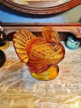 Vintage Heavy Collectible Amberina Orange Turkey Condiment Candy Dish With Lid