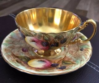 Vtg Aynsley Fruit Orchard Cup & Saucer Signed N.  Brunt Gold & Yellow