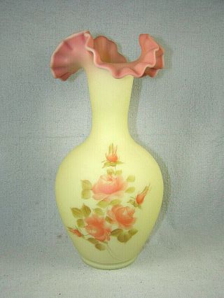 Fenton Double Ruffle Burmese Vase,  Hand Painted Roses,  Signed T.  Budin