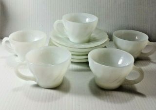 Vtg Anchor Hocking Fire King White Milk Glass Swirl Cups & Saucers Set Of 5 J