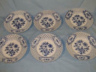 Set Of 6 Antique C.  Teichert Meissen Reticulated Blue Onion 9.  25 " Dinner Plates