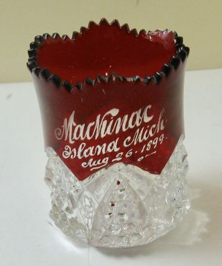 1899 Mackinac Island,  Michigan Souvenir Ruby Flashed Toothpick Holder