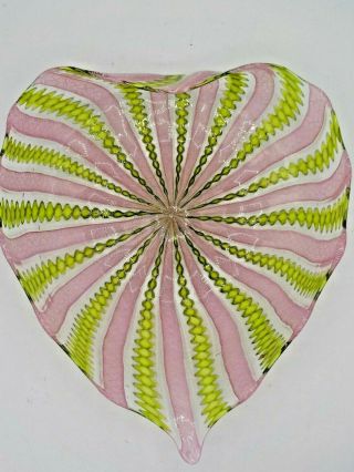 Vtg Murano Zanfirico Pink Green & Gold Latticefligree Glass Leaf Dish Bowl Exc
