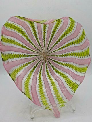 Vtg Murano Zanfirico Pink Green & Gold LatticeFligree Glass Leaf Dish Bowl Exc 2