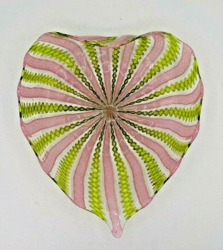 Vtg Murano Zanfirico Pink Green & Gold LatticeFligree Glass Leaf Dish Bowl Exc 5