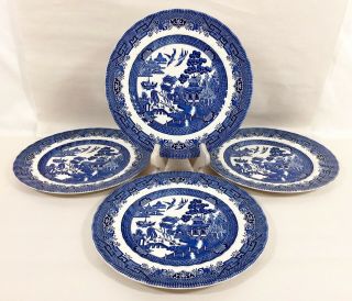 4 Royal Wessex Blue Willow Dinner Plates Swirl Rim 10 " England Ex Nwot