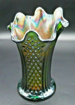 Vintage Fenton Diamond Point Columns Squatty Green Carnival Glass Vase
