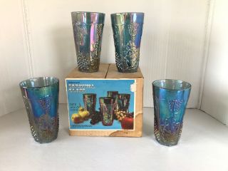 Nib Indiana Blue Iridescent Carnival Glass 14oz Harvest Coolers Tumblers Set/4