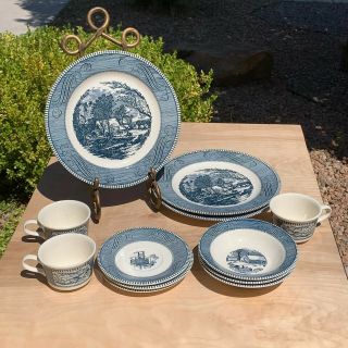 Vintage Currier & Ives Blue White Royal China Dishes The Old Grist Mill (12p)