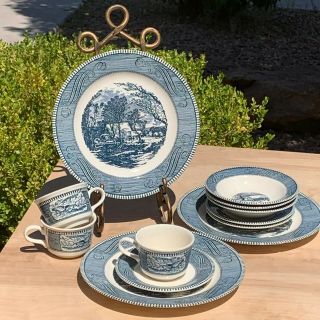 Vintage Currier & Ives Blue White Royal China Dishes The Old Grist Mill (12p) 2