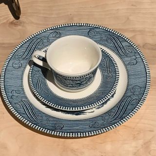 Vintage Currier & Ives Blue White Royal China Dishes The Old Grist Mill (12p) 3