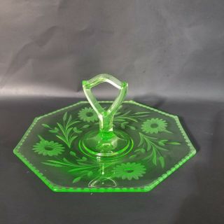 Vtg Uranium Vaseline Green Depression Glass Handled Sandwich Snack Tray Plate