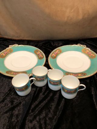 2 Antique Porcelain Cabinet Plates & 4 Demitasse Cups - Unmarked - Aqua With Gilt