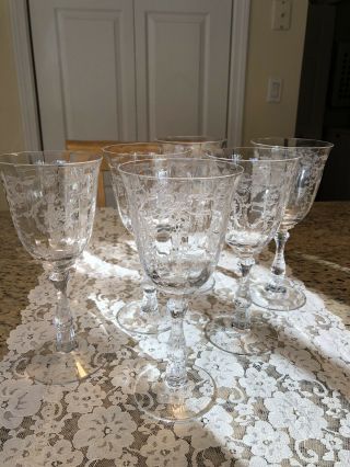 Set Of 6 Fostoria Glass Navarre Floral Etched Water 7 3/4 Inch Water Goblets