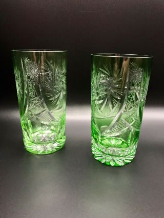 2 Bohemian Czech Crystal Light Green Cut To Clear Highball Glasses 5 1/4” Tall