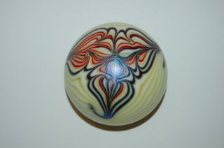 Art Glass Paperweight Yellow,  Red And Black Swirl Pattern Unsigned Smyers?