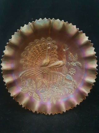 Rare Antique Carnival Glass Bowl By Northwood " Peacocks On A Fence " Pattern