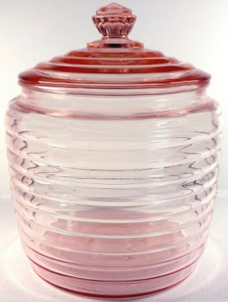 1930s Hocking Pink Depression Glass Beehive Pattern 7 " T Covered Cracker Jar