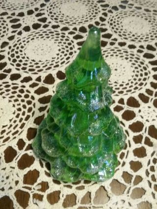 6 & 1/4 " T Fenton Art Glass Green Christmas Tree Lgt Flocking Price Attached