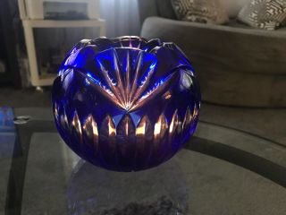 Bohemian Cobalt Blue Cut To Clear Glass Votive Crystal Candle Holder Vintage