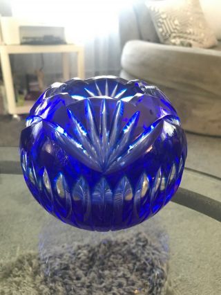 Bohemian COBALT BLUE Cut to Clear Glass Votive Crystal Candle Holder Vintage 4