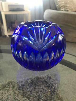 Bohemian COBALT BLUE Cut to Clear Glass Votive Crystal Candle Holder Vintage 8