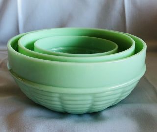 Jadeite Green Glass Basketweave Ribbed Nesting Mixing Bowls (set Of 3) Rare