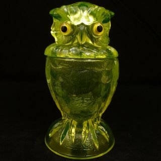 Nos Vaseline Owl Jar Glass Eyes Lidded Candy Bowl Dish Imperial Summit