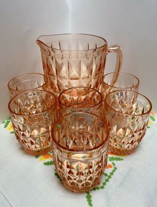 Vintage Art Deco Windsor Pink Depression Glass Pitcher W/6 Tumblers Glassware