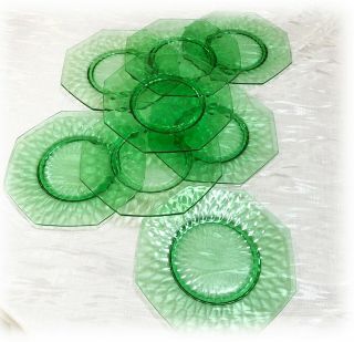 8 Antique Green Diamond Optic Elegant Depression Glass Octagonal Salad Plates