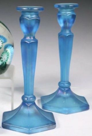 Fenton Celeste Blue Stretch Glass Candlesticks