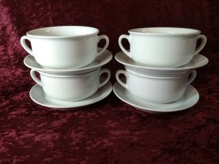 Williams Sonoma 4 White Essential Double Handle Soup Bowls With 4 Underplates