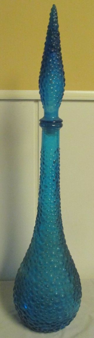 Vintage Mcm Empoli Italy Blue Art Glass Genie Bottle Hobnail Decanter