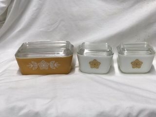 Vintage Pyrex Butterfly Gold Refrigerator Dishes 2 - 501 And 1 - 502 With Lids