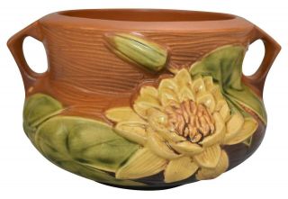 Roseville Pottery Water Lily Brown Ceramic Jardiniere 663 - 5