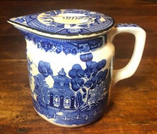Antique Buffalo Pottery Blue Willow Pitcher & Lid 1910