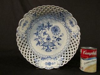 Antique Meissen 11 " Round Reticulated Serving Bowl - Blue Onion Pattern